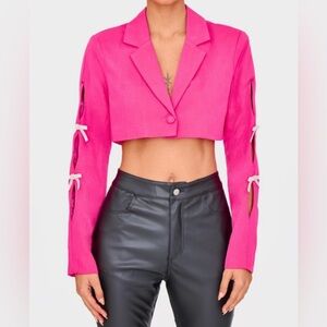 PLT Sleeve cut out Bling bows Cropped blazer Fuchsia hot pink Size 8 NWT